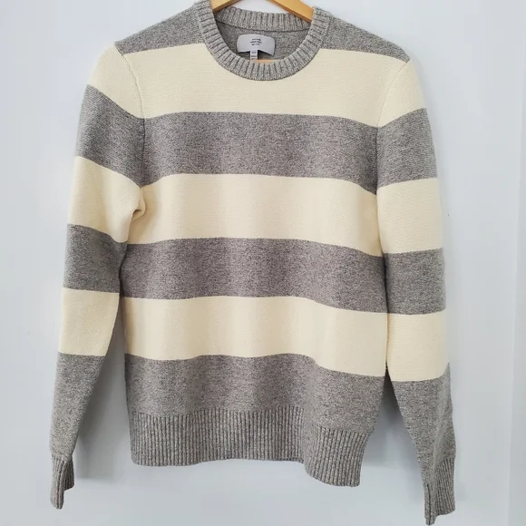 JACK SPADE Men MED Cream Gray Wide Stripe Sweater Wool Blend Crew Preppy Neutral